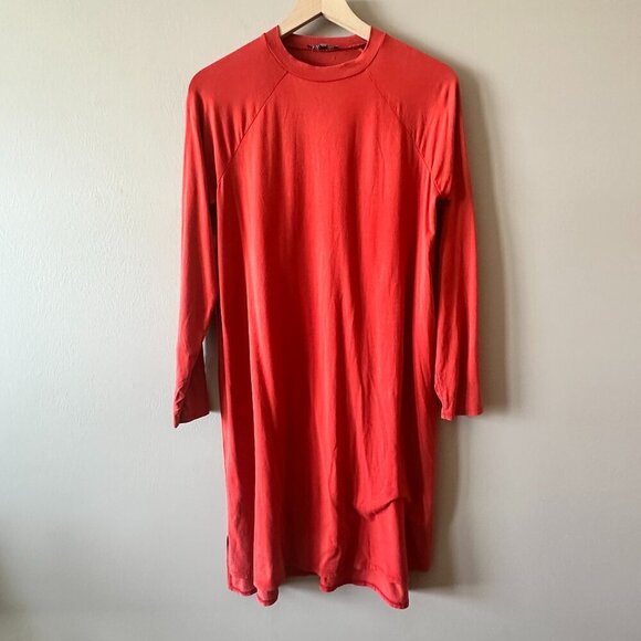 Women's XS Eileen Fisher Jersey Crew Neck Dress Burnt Red Stepped Hem Stretch - Picture 2 of 8